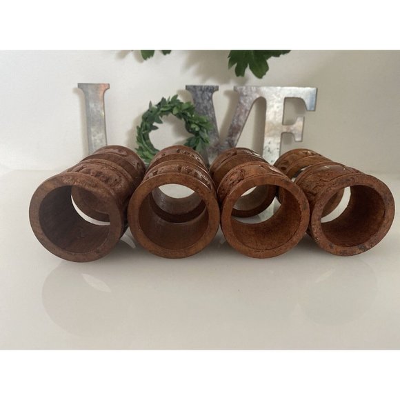 Vintage Elephant Retro Boho Hand Carved Wood Napkin Rings Holders India Set Of 8 - Picture 11 of 16